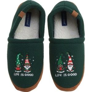 LIFE IS GOOD Christmas Gnomes Mens Fleece A-Line Slippers Sz 11 Green New No Box